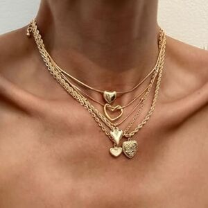 Layered gold heart charm necklace stack set; nwot